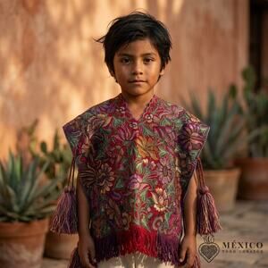 Mexican Child  Poncho unisex one of a kind 17x16 in 3 in fringe